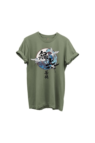 Japon Sanatı Stilinde Turna Kuşları Ve Dalga Desenli %100 Pamuk Regular Fit Unisex T-shirt Haki