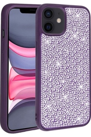 Apple Uyumlu iPhone 12 Kılıf Parlak Taşlı Tasarım Zore Ston Kapak Derin Mor