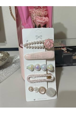 Pembe & İnci Detaylı 5 Li Zarif Saç Tokası Seti Şık Ve Modern Tasarım Pembe