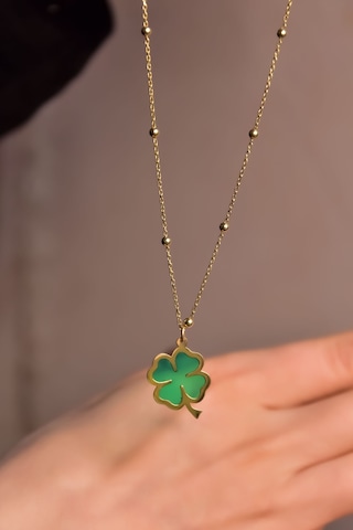Papatya Silver 925 Ayar Gümüş Gold Kaplama Top Zincir Parlayan Rüya Serisi Tasarım Ebruli Cam Boyalı Yonca Kolye