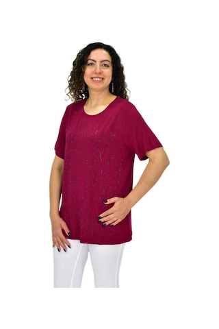 Kadın Viskon Taşlı Kısa Kol Bluz Bgl-st04679 Mürdüm