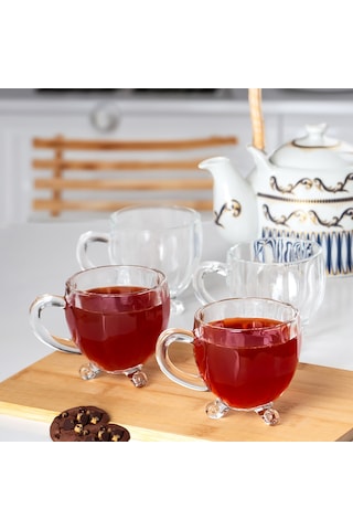 Porsima 15719 Ayaklı Kulplu Desenli 4'lü Cam Bardak 200 Cc