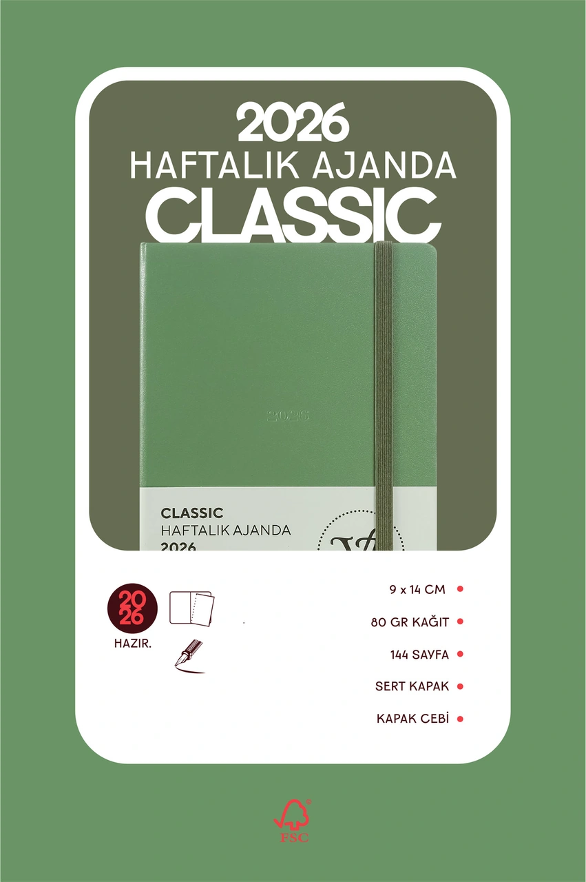 Classic 2026 Haftalık Ajanda A6 9x14 Cm Sert Kapak. Olive