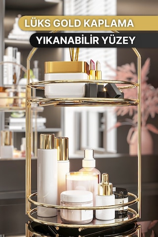 Banyo Düzenleyici 2 Katlı 40 Cm Gold Lüks Düzenleyici Organizer Banyo Rafı Şampuanlık Dekoratif Gold