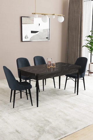 Familieconcept Almira Serisi, Siyah Mermer Desen 80x132 Açılabilir Mdf Mutfak Masası Takımı 4 Adet Sandalye Antrasit