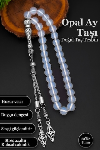 Opal Ay Taşı Tesbih Erkek Doğal Taş Tesbih 8 Mm Bt035 Beyaz