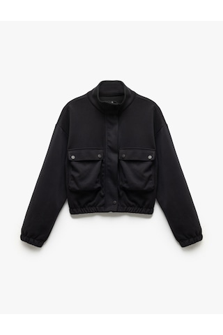 Koton Kolej Bomber Ceket Crop Kalın Modal Kumaş Düğmeli Cep Detaylı Siyah 5wak10096nk