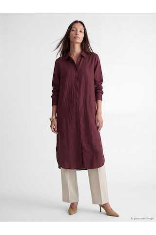 Lcw Everyday Bordo Oversize %100 Keten Kadın Gömlek Tunik