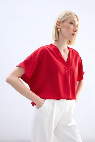 Sateen Geniş Kısa Kollu Bluz - Kırmızı-136764 Kırmızı