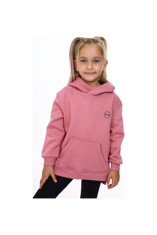 Toontoy Kız Çocuk Oversize Kapüşonlu Cepli Nakış Baskılı Yırtmaçlı Sweatshirt - 3 İplik Şardonlu Gül Kurusu