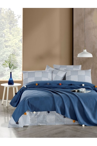 Madam Marica İndigo Renkli Çift Kişilik Ponponlu Pike Takımı İndigo