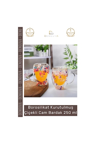Bardak Çift Camlı Kurutulmuş Çiçekli Estetik Dekoratif Şık Tasarım Handmade Bardak 250 Ml Çok Renkli