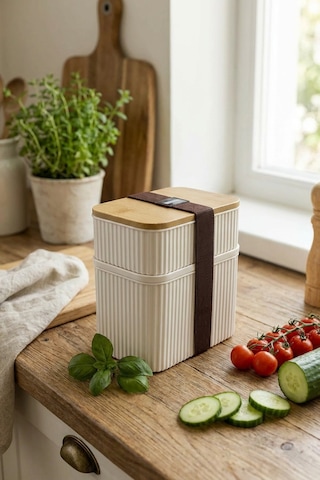 Makri Home 2 Parça Bambu Kapaklı Saklama Kabı Seti - 1l + 0,5l Üst Üste Koyulabilir Krem