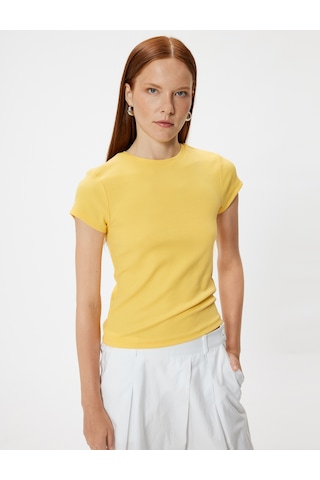 Koton Basic Fitilli Tişört Kısa Kollu Bisiklet Yaka Slim Fit Sarı 4sak50738ek Sarı