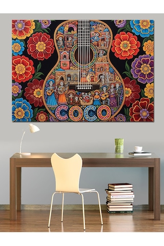 Renkli Desenli Soyut Mandalalar Ve Klasik Gitar Dekoratif Kanvas - Mdf Ahşap Tablo
