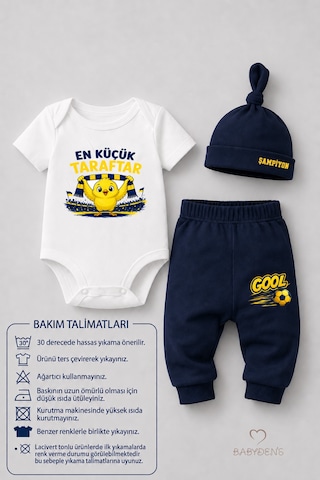 Babyden's %100 Pamuk Sarı Lacivert En Küçük Taraftar Bebek Takımı 3'lü Kısa Kol Body,pantolon Ve Şapkalı Yenidoğan Seti 0-9 Ay Beyaz - Lacivert