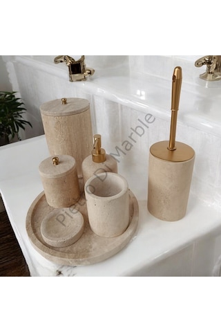 Sarı Traverten Klasik Model 7 Parça Mat Gold Renk Düğme Aksesuarlı Banyo Seti Sarı Traverten