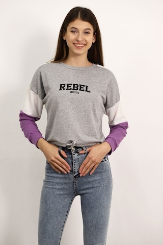 Gabria Kadın Kapşonlu Desenli Sweat Grı