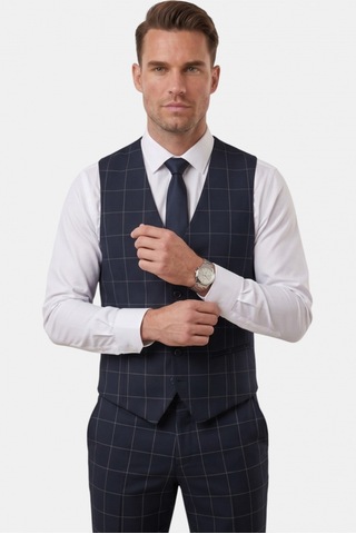 Deepsea Erkek Koyu Lacivert Slim Fit 3 Lü Takım Elbise Yelekli Ekose Desenli Çift Düğme Takım Elbise 2600501