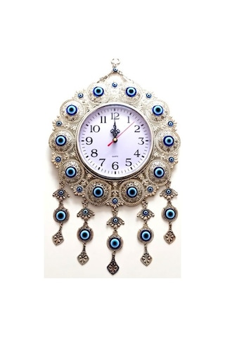 Nazar Boncuklu Gümüş Kaplama Solmaz Kararmaz Duvar Saati Çok Renki