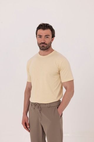 Sabri Özel Krem %100 Pamuk Bisiklet Yaka Düz Renk Basic T-shirt
