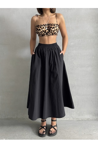Kadın Beli Lastikli Dokuma Kloş Etek Siyah