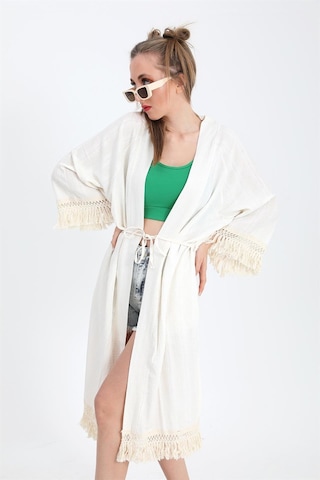 Kimono Palmiye Baskılı Püsküllü - Ekru-ekru Ekru
