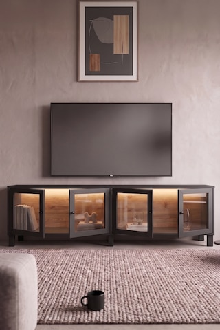 Robin Home Prime Temperli Cam Kapaklı Neon Led Işıklı Tv Ünitesi Tv Sehpası Vitrin Ahşap Ayaklı Sepet-siyah