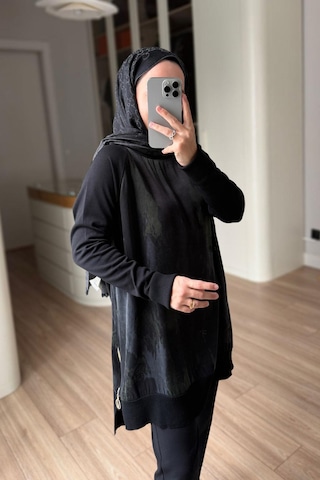 Kahijab Yan Fermuarlı Desenli Boğazlı Merserize Tunik - Siyah