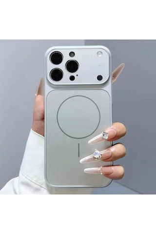 Apple Uyumlu iPhone 14 Pro Max Magsafe Kılıf 17 Pro Max Kamera Görünümlü Lens Korumalı Kapak Gümüş