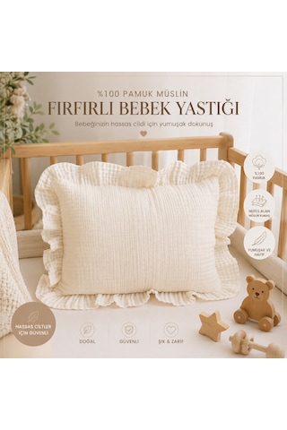 4 Kat Müslin Fırfırlı Bebek Yastık Kılıfı 40x25 Krem Renk