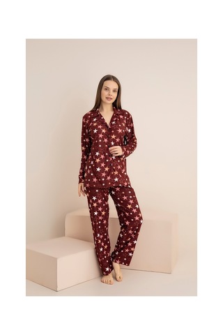 Rindahomewear Kadın Bordo Yıldız Desenli Yumuşak Dokulu Süet Düğmeli Pijama Takımı Bordo