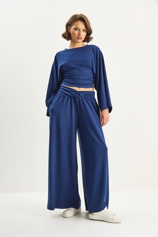 Shade Kadın Kolları Volanlı Beli Büzgülü Üst Pileli Kemerli Bol Pantolon Modal Takım 2136 60283732 - Lacivert