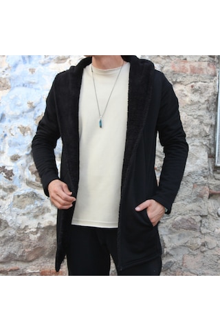 3 İplik Şardonlu Polar İçi Peluş Detaylı Kapşonlu Panço Ceket Siyah