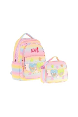 Kaukko Kids Dört Bölmeli Okul Çantası Ve Beslenme Çantası Seti - Simli Kalp Ve Çiçek Detaylı - Kız Çocuk L5213+l7213 Sarı - Pembe