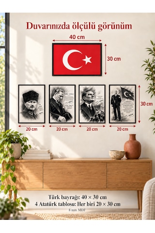 Türk Bayrağı Ve Atatürk 5 Li Mdf Tablo Seti 8 Mm 40 30 Cm Ve 20 30 Cm Ev Ofis Okul İşyeri 1
