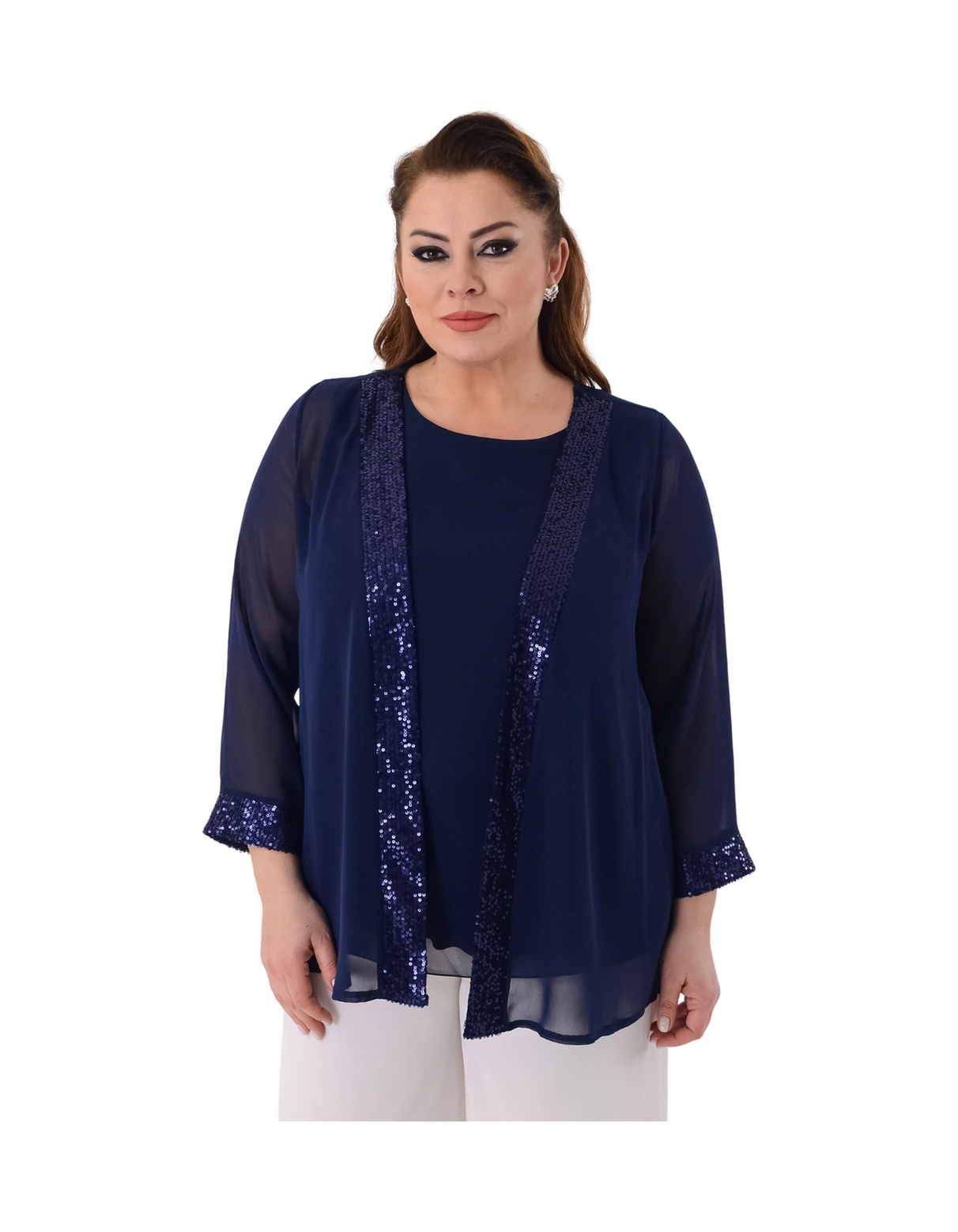 Lilas Xxl Büyük Beden Lacivert Renkli Şifon Ceketli Abiye Bluz Lacivert