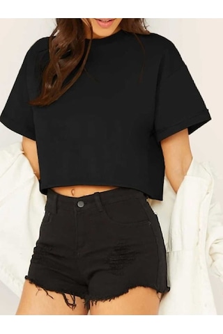 Crop Bisiklet Yaka Örme T-shirt Siyah