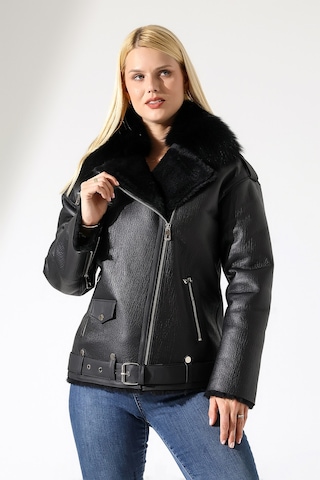 M M Marki Marki Kadın Hakiki Deri Mont, Siyah, Oversize, İçi Kürklü, 74 Cm, Kemerli