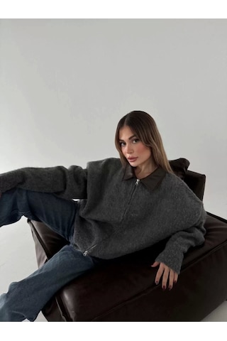 Deri Yakalı Pamuk Dokulu Çift Taraflı Çalışan Fermuar Ceket - Füme Füme