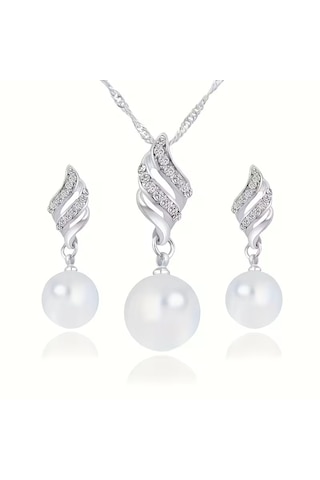 İnci, Zirkon Taş İşlemeli, Gümüş, Altın Kaplama, Takı Seti Kolye Küpe , Yeni Yıl, Gümüş