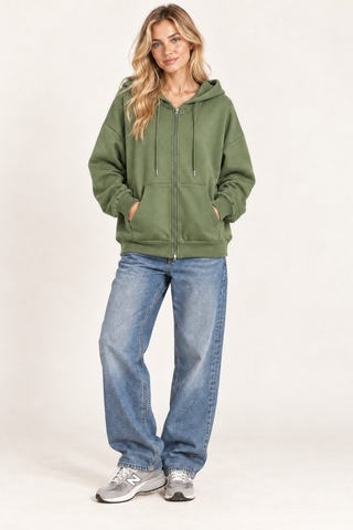 Cool Tarz Unisex Oversize Fermuarlı Kapüşonlu Sweatshirt 3 İplik Şardonlu Haki Haki