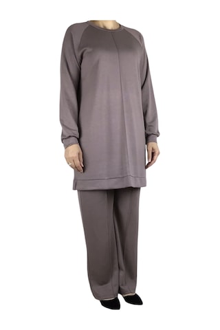 Kadın Tunik Önü Dikişli Altı Bantlı Pantolon Beli Lastikli Önü Dikişli İkili Takım Vizon