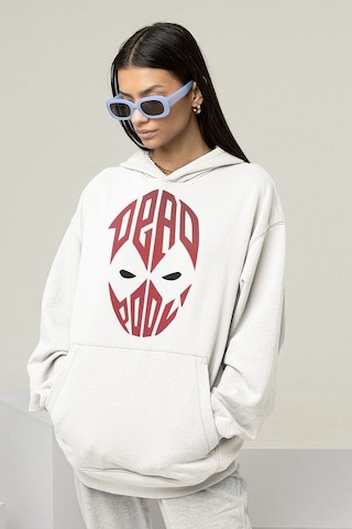 Sevbano Tasarım Deadpool Maske Baskılı Unisex Oversize Hoodie Beyaz