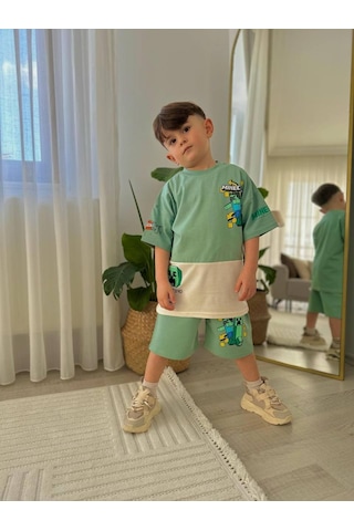 Miniko Kids Erkek Çocuk Minecraftt Modelli Baskılı Şortlu Pamuk Takım Yeşil