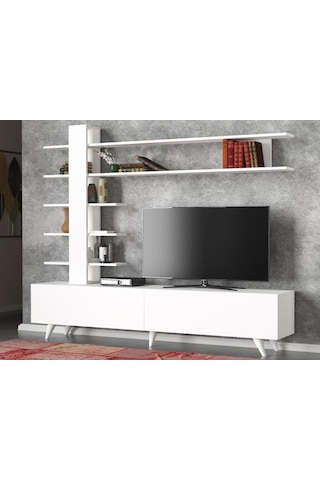 Dekorister Aleyna Duvar Raflı Kitaplıklı Tv Ünitesi Beyaz