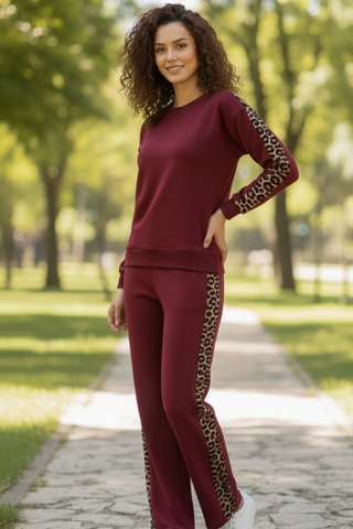 Trend Alisse Bisiklet Yaka Leopar Garnili Esnek Cepli Modal Takım Bordo