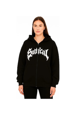 Kadın Oversize Kapüşonlu Sweatshirt Hoodie 3 İplik Şardonlu Pamuklu Kumaş, Önü Baskılı, Fermuarlı R Siyah