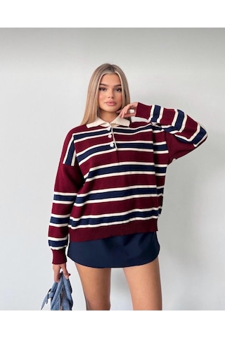 Kadın Çizgili Polo Yaka Oversize Triko Kazak Bordo