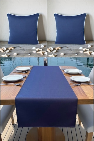 Marin Runner 145x40 Ve 2 Li 45x45 Kırlent Seti Su Geçirmez Outdoor Keten Tekne Bahçe Salon Ve Balkon Lacivert